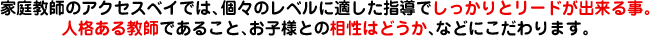 家庭教師のアクセスベイでは、個々のレベルに適した指導でしっかりとリードが出来る事。人格ある教師であること、お子様との相性はどうか、などにこだわります。